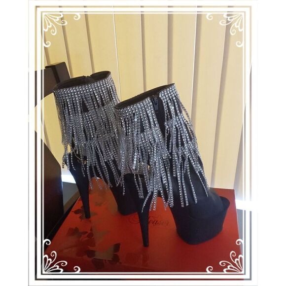 NIB~Pleaser Black Matte Vegan Leather Platform Heels with Rhinestone Fringe Sz 9 - Picture 4 of 7